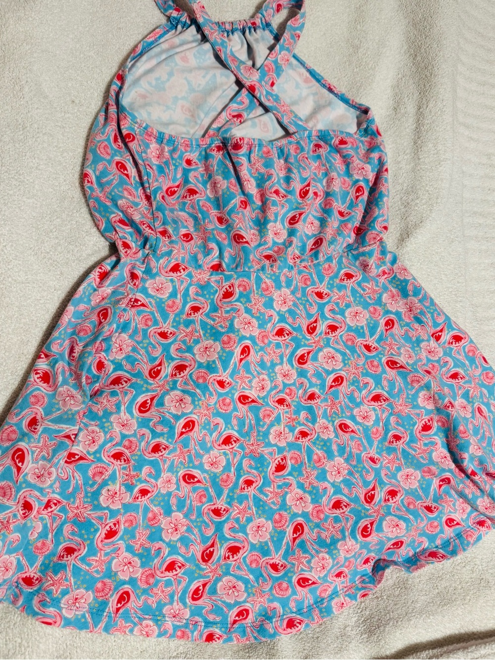 American Girl Blue Dress with Pink Flamingo and Coral Print